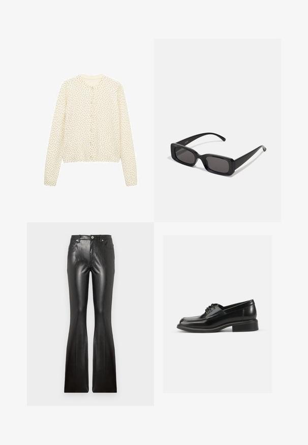 Krémový kardigan s dlouhými rukávy, kulatým výstřihem a černými puntíky. Má přední zapínání na knoflíky a pružný lem. Měkká textilie.; Dvě tílka bez rukávů: jedno bílé, s ribrovou strukturou, a jedno světle šedé se subtilním melírovaným vzorem. Obě mají kulaté výstřihy.; Černé kožené rozšířené kalhoty s hladkým povrchem, pěti kapsami, předním zapínáním na knoflík a přiléhavým střihem přes stehna.; Černé kožené společenské boty s hladkým povrchem, kulatou špičkou, šněrováním na dvě očka a pevným blokovým podpatkem. Jednoduchý design bez vzorů.; Černé obdélníkové sluneční brýle s tmavými skly, lesklým povrchem, širokými ramínky a robustním designem rámu. Vytlačený název značky na jednom ramínku.; Černá tkaná kožená kabelka s křivkovým tvarem, vybavená silnou rukojetí a zipovým zavíráním. Texturovaný povrch s lesklým finišem.