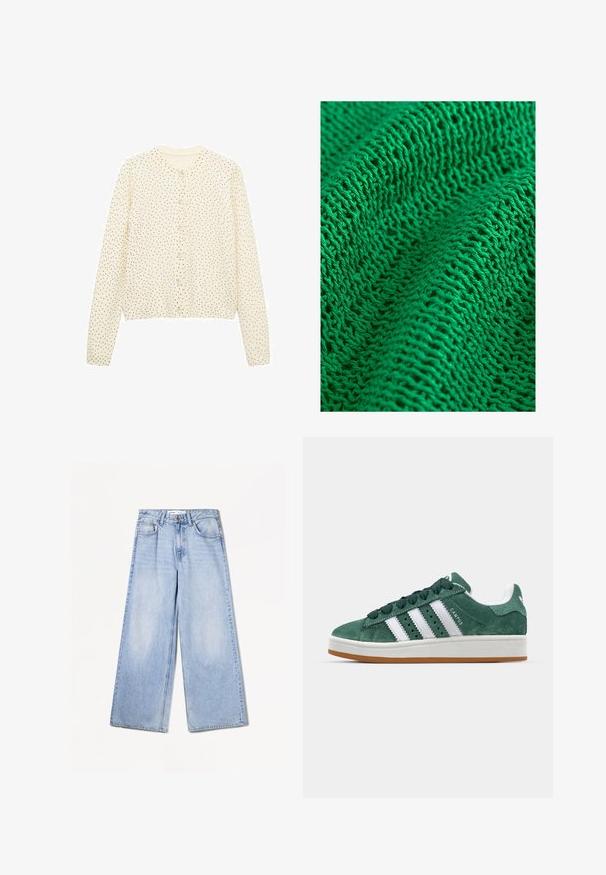 Kremowy kardigan z długimi rękawami, okrągłym dekoltem i czarnymi kropkami. Posiada zapięcie na guziki z przodu oraz żebrowany dół. Miękka faktura tkaniny.; Zielony, dziany tekstylia o teksturowanym wzorze, z luźnym i otwartym splotem, prezentujący delikatne przędzy i wiele widocznych ściegów.; Bershka WIDE jasnoniebieski denim; Zielone zamszowe trampki z białymi skórzanymi paskami, gumową podeszwą, wyściełanym kołnierzem i minimalistycznym wzornictwem. Posiadają branding z boku.