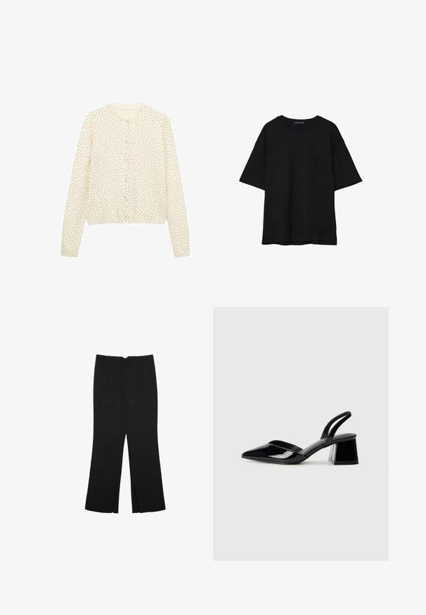 Cardigan crema con maniche lunghe, scollatura rotonda e pois neri. Presenta chiusura frontale con bottoni e orlo a coste. Tessuto morbido.; T-shirt in cotone nero con vestibilità rilassata, maniche corte, scollatura arrotondata e una texture liscia. Nessuna trama o accento visibile.; Pantaloni neri a gamba dritta, con tasche frontali e spacchi laterali all'orlo. Realizzati in tessuto morbido e liscio. Adatti a diverse occasioni.; Décolleté in vernice nera con punta affusolata e tacco in geometria cubica. Presentano un design elegante e minimalista, con una texture liscia.