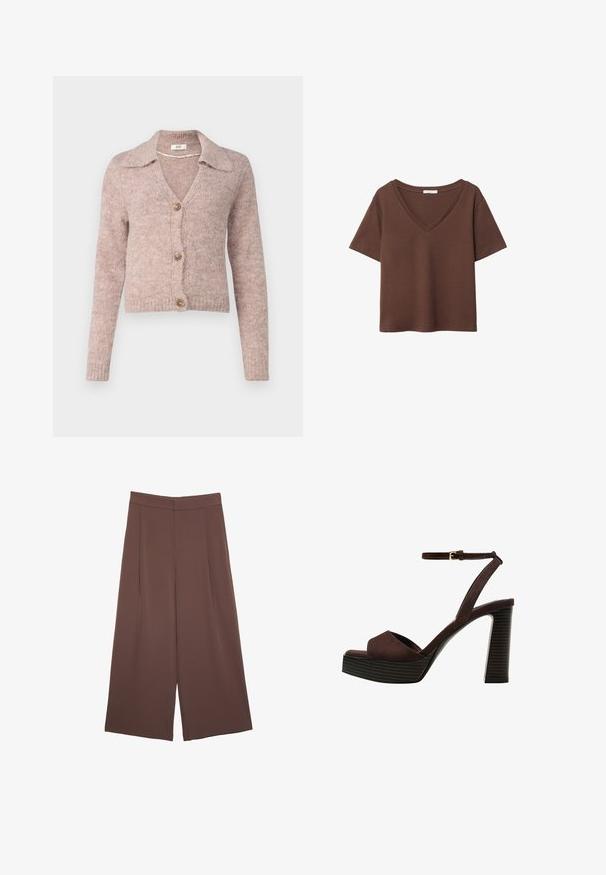 JDY JDYZOEY LIFE COLLAR CARDIGAN - Kardigán - chateau gray; Hnedé bavlnené tričko s krátkymi rukávmi a hlbokým V-výstrihom. Jednoduchý dizajn, jemná textúra a rovný lem. Bez vzorov alebo akcentov.; Hnedé nohavice so širokými nohavicami a hladkou textúrou, s vysokým pásom a prednými skladmi. Tkanina je ľahká a voľne sa pohybuje.; Hnedé semišové sandále na vysokom podpätku s otvorenou špičkou, nastaviteľným členkovým remienkom a pruhovanou platformovou podrážkou.