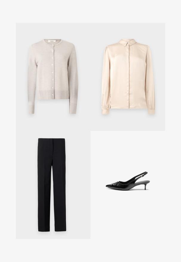 Cárdigan de punto de manga larga en beige claro con cuello redondo y siete botones frontales, puños y dobladillo acanalados, etiquetado "Selected".; Camisa de satén beige de manga larga con cuello abotonado, pliegue frontal y mangas abullonadas recogidas en los puños. Textura suave y brillante.; Pantalones negros ajustados de corte recto, con una textura suave y sin patrones visibles. Cintura estándar y un acabado limpio.; Tacones slingback de cuero negro con punta afilada, pequeño tacón kitten y un detalle de nudo decorativo en la parte frontal. Textura suave en toda la superficie.