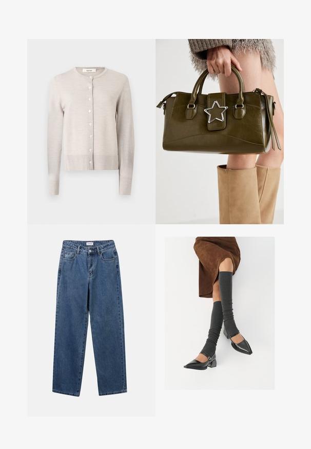Light beige, long-sleeve knit cardigan with round neckline and seven front buttons, ribbed cuffs, and hem, labeled "Selected."; Grey cotton T-shirt featuring a classic crew neck, short sleeves, and a smooth texture, suitable for casual wear.; Classic blue denim jeans with a straight-leg design, five pockets, and a button closure. Features a medium wash and sturdy texture.; Black patent leather pointed-toe shoes with a block heel and ankle strap, paired with gray ribbed leg warmers and a brown suede skirt.; Olive green faux leather handbag with silver star accent, dual handles, and a zip closure. Textured surface and structured shape.