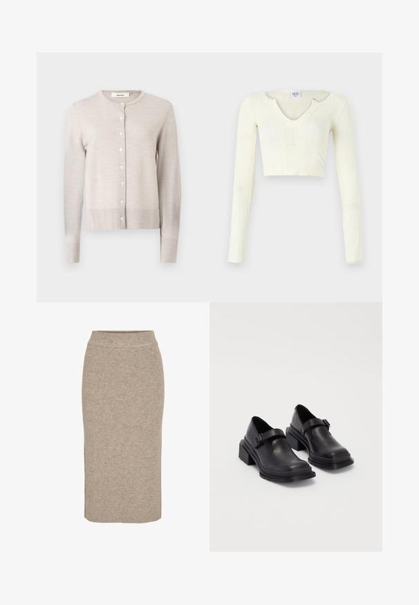 Svetlobežový dlhý pletený kardigán s okrúhlym výstrihom a siedmimi prednými gombíkmi, s rebrovanými manžetami a lemom, označený "Selected."; Pruhovaný crop top z off-white pleteniny. Dlhé rukávy s rebrovanou textúrou a malými výrezmi okolo výstrihu.; Pletená ceruzková sukňa v svetlej béžovej farbe, s rebrovanou textúrou, vysokým pasom a obtiahnutým strihom. Lemuje sa pod kolenami.; Čierne kožené topánky s okrúhlou špičkou, plochou podrážkou a remienkom s detailom pracky. Hrubý blokový opätok pre väčšiu stabilitu.