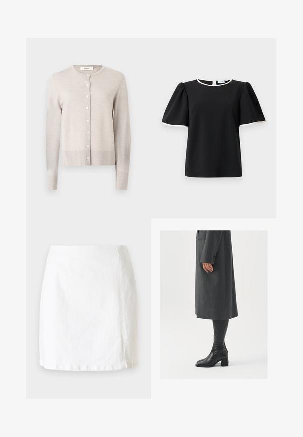 Svetlo bež, dolg rokav, pleten džemper z okroglim izrezom in sedmimi sprednjimi gumbi, rebrasti manšeti in rob, označen "Selected."; Črna bluzica s kratkimi rokavi in puffastimi rokavi, z belim obrobo na izrezu in robovih rokavov, ki ima na hrbtni strani gumbasto zapiranje.; Bela denim mini krila s ravnim krojem, ki vključuje majhno stransko odprtino in čiste šive za minimalistični dizajn.; Siv prešita zimska plašča ravnega kroja; obuta z visokimi črnimi usnjenimi škornji, ki imajo kvadratni nos in debel pet.