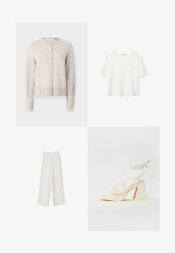 Jasno beżowy, długi sweter z dzianiny z okrągłym dekoltem i siedmioma guzikami z przodu, ściągacze przy mankietach i u dołu, oznaczony napisem "Selected."; Biała koszulka z krótkim rękawem, wykonana z bawełny. Posiada okrągły dekolt i luźny krój. Gładka faktura bez widocznych wzorów czy akcentów.; Białe spodnie o szerokich nogawkach wykonane z lekkiego materiału. Posiadają elastyczny pas z sznurkiem i boczne kieszenie. Gładka tekstura.; Biała sandał na wysokim obcasie z masywnym słupkiem, z paskowym wzorem i wiązaniem przy kostce. Gładka faktura z platformą z przodu dla dodatkowej wysokości.