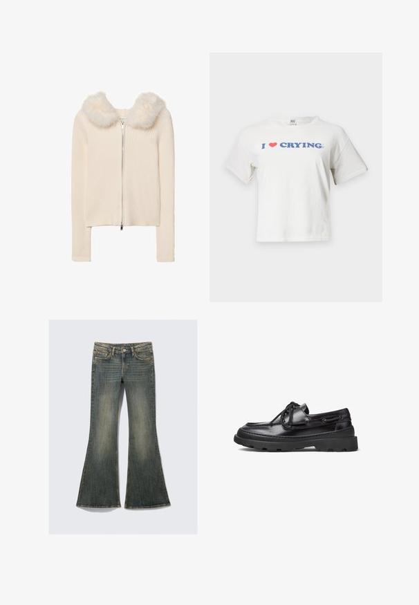 Ribbed cream cardigan with zip closure, featuring a soft faux fur collar. Long sleeves and a fitted design enhance its refined appearance.; BDG Urban Outfitters CRYING BABY - Print T-shirt - white; Flared denim jeans in a faded blue color with a classic five-pocket design, featuring a slight texture and visible stitching accents.; Black leather boat shoes with a rounded toe, lace-up design, stitched accents, and a chunky rubber sole featuring a textured grip pattern.