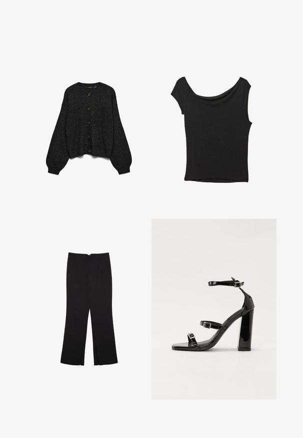 Černý pletený kardigan s dlouhými nařasenými rukávy a zapínáním na knoflíky. Má šest hnědých knoflíků a žebrovaný lem. Texturovaná látka.; Černý krátký rukáv top vyrobený z hladké látky; má drapovaný výstřih a asymetrický lem, s přiléhavým střihem.; Černé kalhoty s rovným střihem, s předními kapsami a bočními rozparky na lemu. Vyrobené z jemné, hladké tkaniny. Vhodné na různé příležitosti.; Černé lakované sandály na podpatku se čtveratou špičkou, lýtkovými pásky a stříbrnými přezkami. Disponují masivním blokovým podpatkem pro stabilitu.
