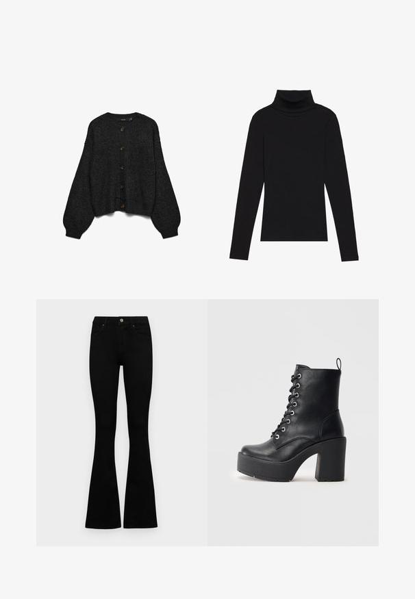 Casaco de malha preto com mangas longas bufantes e fecho frontal com botões. Apresenta seis botões castanhos e bainha canelada. Tecido texturizado.; Top de gola alta de manga longa, preto, feito de tecido canelado, apresenta um design justo com um decote elevado e sem padrões ou detalhes.; Jeans pretos de cintura alta com fecho de botão e zíper, bolsos frontais e pernas largas dispostos em cima de um fundo branco.; Botim de pele preta até ao tornozelo com um salto bloco chunky, frente com atacadores e superfície texturizada. Apresenta uma lingueta na parte de trás para um uso fácil.