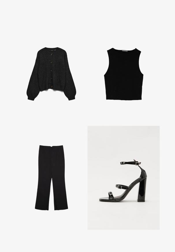Schwarze Strickjacke mit langen, gepufften Ärmeln und durchgehender Knopfleiste. Verfügt über sechs braune Knöpfe und einen gerippten Saum. Strukturierter Stoff.; Schwarzes ärmelloses Crop-Top aus glattem Stoff, mit rundem Ausschnitt und einem klaren, schlichten Design ohne Muster oder Beschläge.; Schwarze Hose mit geradem Schnitt, ausgestattet mit Fronttaschen und Seitenschlitzen am Saum. Hergestellt aus weichem, glattem Stoff. Geeignet für verschiedene Anlässe.; Schwarze patentierte Sandalen mit Absatz, quadratischer Spitze, Knöchelriemen und silbernen Schnallen. Mit einem stabilen Blockabsatz für mehr Stabilität.