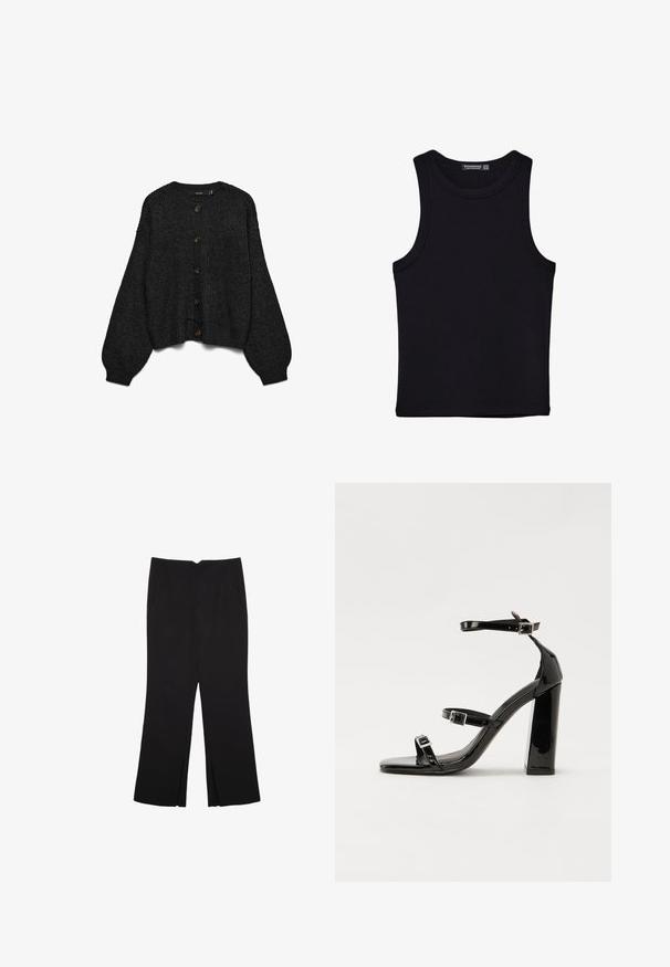 Černý pletený kardigan s dlouhými nařasenými rukávy a zapínáním na knoflíky. Má šest hnědých knoflíků a žebrovaný lem. Texturovaná látka.; Černý top na ramínka vyrobený z bavlny, s kulatým výstřihem a širokými průramky. Hladká textura s prošitými lemy. Klasický, minimalistický design.; Černé kalhoty s rovným střihem, s předními kapsami a bočními rozparky na lemu. Vyrobené z jemné, hladké tkaniny. Vhodné na různé příležitosti.; Černé lakované sandály na vysokém podpatku se dvěma pásky se sponami, čtvercovou špičkou a robustním blokovým podpatkem, s hladkou, lesklou texturou.