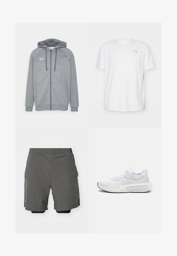 Sivi dukserica s patentnim zatvaračem i zaobljenim rubom, s dva prednja džepa i kontrastnim tamnosivim trakama za stezanje. Ima mali bijeli logotip na prsima.; Bijela atletska majica kratkih rukava od glatkog materijala. Ima okrugli izrez i sivi logo na lijevoj strani prsnog koša, s bočnim prorezima na rubu.; Sive kratke sportske hlače od glatkog, laganog materijala s elastičnom stražnjom trakom, koje imaju unutarnje kompresijske hlače i bočne džepove.; Bijela atletska cipela s teksturiranim pletenim gornjim dijelom, vezanjem, mekanim potplatom i prepoznatljivim detaljem brendinga sa strane.