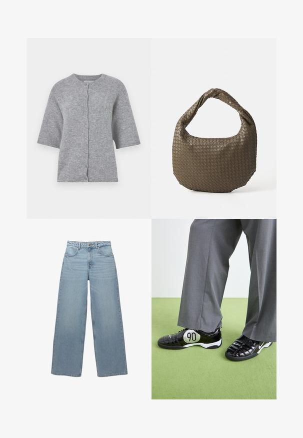 Szary dzianinowy kardigan z krótkimi rękawami, okrągłym dekoltem i zapinany na guziki. Posiada teksturowany materiał oraz luźny krój.; Jasnoniebieska koszula z długim rękawem, z kołnierzykiem zapinanym na guziki, pojedynczą kieszenią na piersi oraz w luźnym kroju. Gładka faktura tkaniny i klasyczny design.; Jasnoniebieskie dżinsy o szerokich nogawkach wykonane z denimu bawełnianego, z pięcioma kieszeniami, zapięciem na guzik z przodu oraz minimalnym przetarciem na krawędzi.; Czarne sneakersy z lakierowanej skóry z srebrnym akcentem "90", o teksturowanej powierzchni i sznurowanym zapięciem, zestawione z szerokimi szarymi spodniami.; Woven oliwkowa torebka o zaokrąglonym kształcie i skręconym uchwycie. Teksturowana powierzchnia zdobiona jest diagonalnym wzorem. Zamek błyskawiczny.