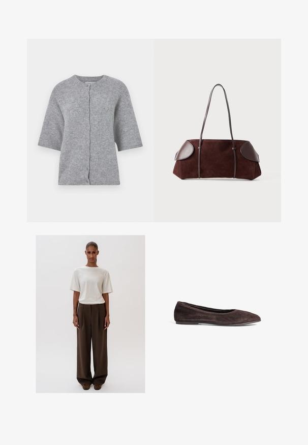 Grijze gebreide cardigan met korte mouwen, ronde hals en knopenfront. Heeft een gestructureerde stof en een ontspannen pasvorm.; Witte, korte mouwen top met een gestructureerd, geribbeld patroon en een ronde halslijn. Gemaakt van een zachte stof. Cropped lengte.; Romantisch witte relaxed-fit t-shirt met korte mouwen, gecombineerd met hooggepaste, wijde bruine broeken. Eenvoudig ontwerp, gladde texturen.; Bruine suède balletschoenen met een spitsneus en een laag profiel. Kenmerkt zich door een gladde textuur en een minimalistisch ontwerp. Geen zichtbare hardware of accenten.; Bruine suède tas met leren accenten, gestructureerde vorm, dubbele schouderbanden en ronde randen, met een gladde textuur en minimale hardware.