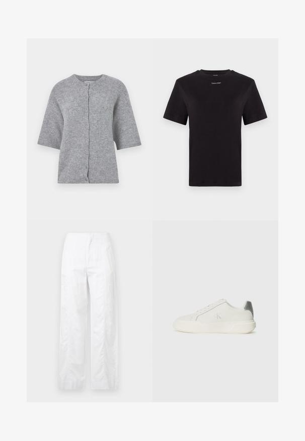 Cardigan gri din tricot cu maneci scurte, decolteu rotund si inchidere cu nasturi. Prezintă un material texturat și un design relaxat.; Tricou negru din bumbac, cu mâneci scurte, gât rotund și un mic logo alb "Calvin Klein" pe piept. Textură netedă, croială clasică.; Pantaloni albi cu croială largă, fabricați dintr-un material ușor, având o textură netedă, linii curate și un design cu talie înaltă.; Sneaker alb din piele cu o textură netedă, având un accent argintiu pe călcâi, talpă plată și un design minimalist.