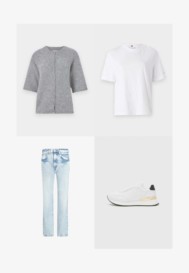 Šedý pletený kardigán s krátkymi rukávmi, okrúhlym výstrihom a zapínaním na gombíky. Má textúrovanú tkaninu a voľný strih.; Biely bavlnený tričko s okrúhlym výstrihom, krátkymi rukávmi a jemným žltým logom s nápisom "HILFIGER NEW YORK 1985." Štandardný strih.; Svetlomodré riflové nohavice so strihom rovného nohu, s piatimi vreckami a vyblednutou textúrou. Obsahujú viditeľné švy a klasické zapínanie na gombík.; Biele tenisky s hladkým povrchom, s čiernym akcentom na päte a zlatým kovovým detailom na medzipodrážke. Šnurovací dizajn, gumová podrážka.