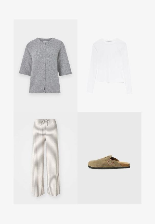 Cardigan grigio lavorato a maglia con maniche corte, scollatura rotonda e chiusura con bottoni. Presenta un tessuto strutturato e un design dal taglio rilassato.; Maglietta bianca a maniche lunghe con scollatura rotonda. Presenta un design aderente, una texture di tessuto liscia e un orlo leggermente accorciato.; Pantaloni a gamba larga in tessuto leggero, con righe orizzontali beige e bianche. Vita elastica con chiusura a cordoncino.; Pantofole in stile zoccolo in suede verde oliva con una fascia stretta e dettaglio fibbia in metallo. Presentano una soletta in sughero e suola in gomma nera.