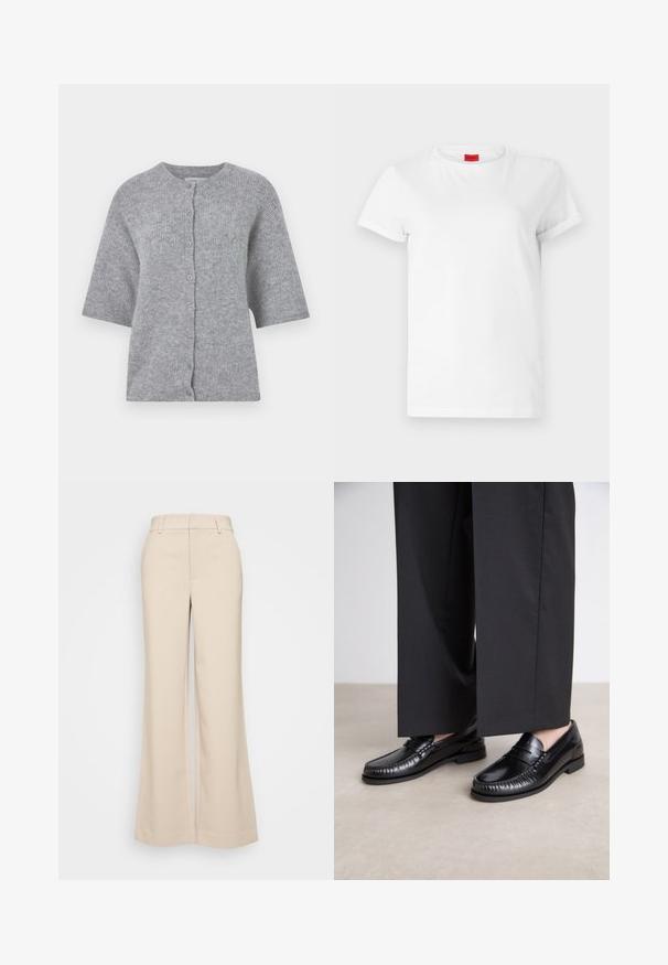 Cardigan gri din tricot cu maneci scurte, decolteu rotund si inchidere cu nasturi. Prezintă un material texturat și un design relaxat.; Tricou alb cu maneci scurte, fabricat din bumbac subtire. Are un decolteu rotund și mâneci răsucite. Etichetă roșie cu logo pe guler.; Pantaloni bej cu croi larg, cu o textură netedă, având o talie înaltă și două buzunare frontale. Design curat cu o croială adaptată.; Mocasini din piele neagră cu un finisaj neted, cu detalii cusute în jurul vârfului și o talpă joasă din cauciuc. Asortați cu pantaloni largi negri.
