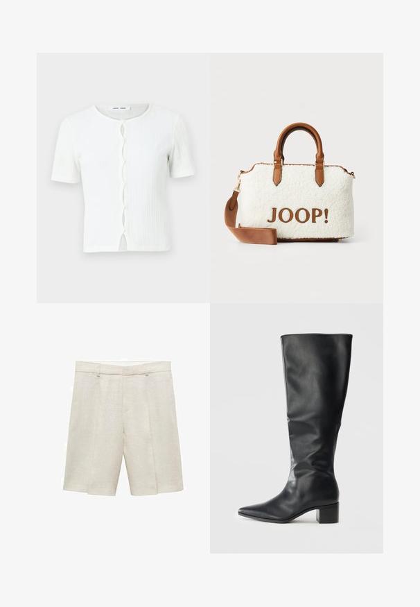 Hvid ribbet kortærmet top med rund halsudskæring og en knaplukning fortil med en bølget detalje. Glat tekstur, afslappet pasform.; PULL&BEAR Top - white; Beige linned shorts med en skræddersyet pasform, der har en glat front, dobbelte plisseringer og bæltestropper. Glat tekstur, længde til midten af låret.; Sort knæhøj læderstøvle med spids tå og blokhæl, set fra siden mod en ensfarvet baggrund.; Hvid plyskurv med brune læderdetaljer og håndtag. Har et "JOOP!" logo i brun. Inkluderer en aftagelig skulderrem.