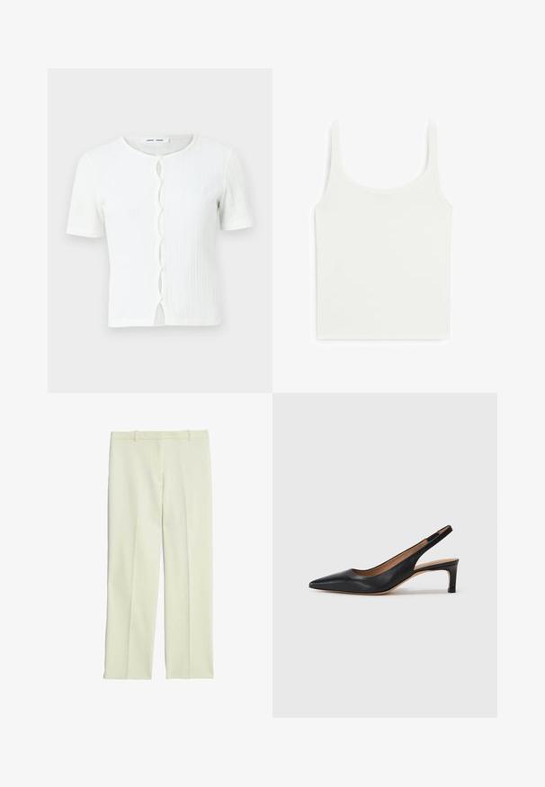Bílý žebrovaný top s krátkým rukávem, kulatým výstřihem a propínacím předním dílem s vlnitým detailem. Hladká textura, volný střih.; Bílý upnutý tílko s širokými ramínky, vyrobené z hladké, elastické látky. Má zakulacený výstřih a jednoduchý, čistý design.; Krémové rafinované kalhoty se střihovými nohavicemi, s plochým předním dílem, poutky na opasek a hladkým povrchem.; Černé kožené slingback lodičky s špičatou špičkou, nízkým podpatkem a hladkým povrchem. Disponují tenkým nastavitelným páskem pro bezpečné uchycení.