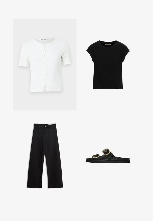Vit ribbad kortärmad topp med rund halsringning och knäppning framtill med en vågig detalj. Slät textur, avslappnad passform.; Svart kortärmad t-shirt i mjukt tyg med rund halsringning och avslappnad passform, med en jämn textur och utan mönster.; Svarta vida denimbyxor med hög midja, med fram- och bakfickor, sydda sömmar och knappstängning. Slät textur.; Svart glidsandal med två guldfärgad spännen, slät textur av material, platt sula och en minimalistisk design.