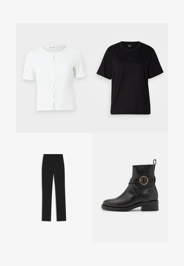 White ribbed short-sleeve top featuring a round neckline and a button-down front with a wavy detail. Smooth texture, casual fit.; Black cotton t-shirt with a crew neckline, short sleeves, and an embroidered logo on the chest. Simple, relaxed fit with no patterns.; Black tailored trousers with a straight-leg design, featuring front pockets and a smooth, textured fabric. Neat, minimal detailing.; BOSS IRYNA BOOTIE - Platform ankle boots - black