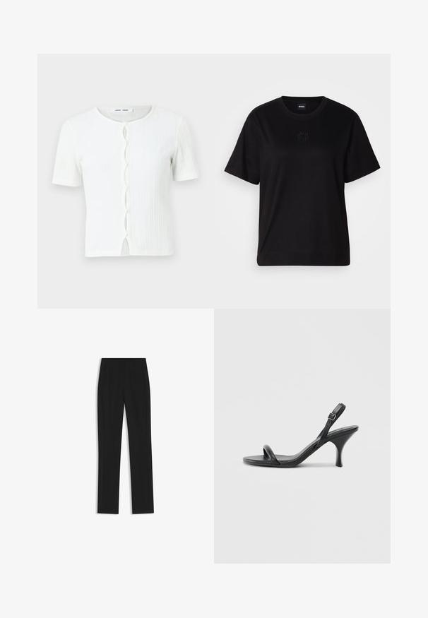 Top corto bianco a coste con maniche corte, dotato di scollatura rotonda e chiusura a bottoni con dettagli ondulati. Tessuto morbido, vestibilità casual.; Maglietta in cotone nera con scollatura tonda, maniche corte e logo ricamato sul petto. Design semplice e vestibilità rilassata senza motivi.; Pantaloni neri su misura con un design a gamba dritta, dotati di tasche frontali e un tessuto liscio e strutturato. Dettagli ordinati e minimalisti.; Sandali con tacco alto in pelle nera, con tacco sottile e curvo e design a fascia incrociata. Cinghia alla caviglia regolabile. Texture liscia.