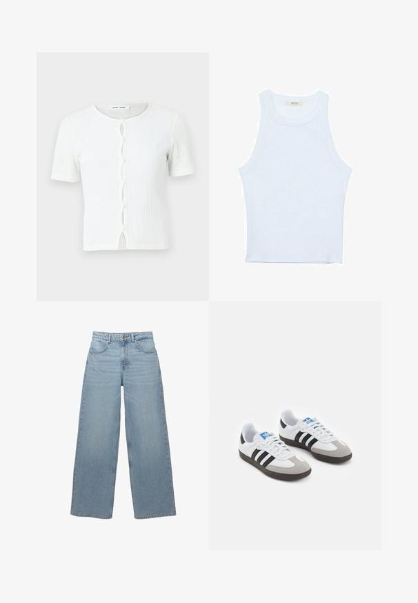 Valkoinen ribattuja lyhythihainen paita, jossa on pyöreä pääntie ja nappikiinnitys aaltoilevalla yksityiskohdalla. Silkkinen pinta, rento istuvuus.; Valkoinen hihaton toppi, ribbed rakenne, pyöreä pääntie, hihaton malli, tiukka muoto, hillitty brändäys kauluksella sisäpuolella.; Vaaleansiniset leveät farkut, jotka on valmistettu puuvilladenimistä, ja joissa on viisi taskua, etuvetoketju ja minimaalista rispaantumista helman kohdalla.; Urheilukengät, joissa on valkoinen nahkainen päällinen, harmaa mokkanokka ja kolme mustaa raitaa. Ominaisuuksina sininen logo kielekkeessä ja kuvioitu kumipohja.