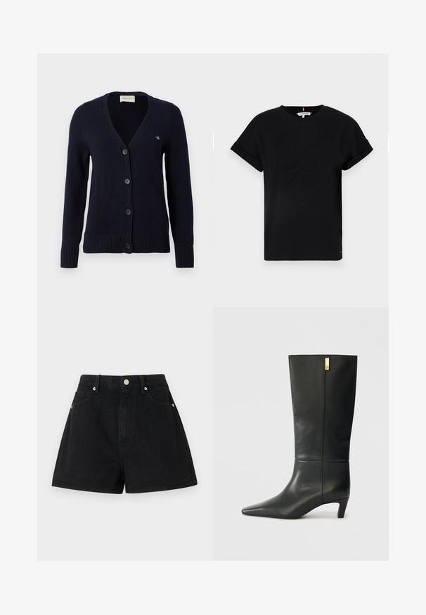 Granatowy kardigan z dekoltem w serek, pięcioma guzikami, prążkowanymi mankietami i dołem. Posiada małe logo na lewej piersi. Wykonany z dzianiny.; Czarna bawełniana koszulka z krótkimi, podwiniętymi rękawami, z wytłoczonym logo na środku i małym akcentem flagi z boku.; Czarne szorty dżinsowe z wysokim stanem, pięcioma kieszeniami, srebrnymi elementami oraz standardowym krojem, charakteryzujące się gładką teksturą i starannym wykończeniem.; Czarne skórzane kozaki za kolano z wysmuklonym noskiem i niewielkim obcasem. Charakteryzują się eleganckim wzornictwem z złotym akcentem. Gładka tekstura.