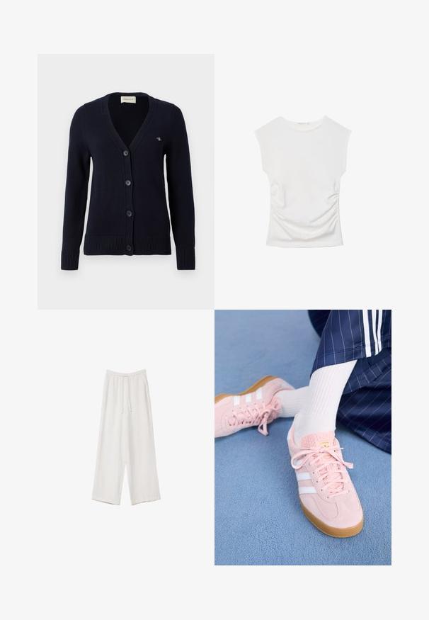 Navy plavi kardigan s V-izrezom, zatvaranjem na pet dugmadi, rebrastim manžetama i rubom, sadrži mali logo na lijejoj strani prsnog koša. Napravljen je od pletenog materijala.; Bijela majica bez rukava s okruglim izrezom i suptilnim nabiranjem sa strane, prikazana ravno na bijeloj pozadini.; Bijele hlače širokih nogavica napravljene od lagane tkanine. Imaju elastičan pojas s ušicom i bočne džepove. Glatka tekstura.; Svijetlopinkaste suede tenisice s bijelim prugama i vezicama, sa teksturiranim jezikom i gumenim potplatom, postavljene na plavi tepih.