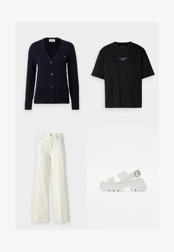 Navy modrá cardigan s výstrihom do V, s piatimi gombíkmi, rebrovanými manžetami a lemom, s malým logom na ľavej hrudi. Vyrobené z pleteného materiálu.; Čierne bavlnené tričko s okrúhlym výstrihom, krátkymi rukávmi a modrým vyšívaným logom "Calvin Klein JEANS" na prednej strane.; Biele džínsy s širokými nohavicami vyrobené z bavlnenej zmesi. Majú zips, päť vreciek a švy so zafarbením.; Biele sandále s masívnou podrážkou, ktoré majú dva široké popruhy a detail s prackou na členkovom popruhu. Hladká textúra, minimalistický dizajn.