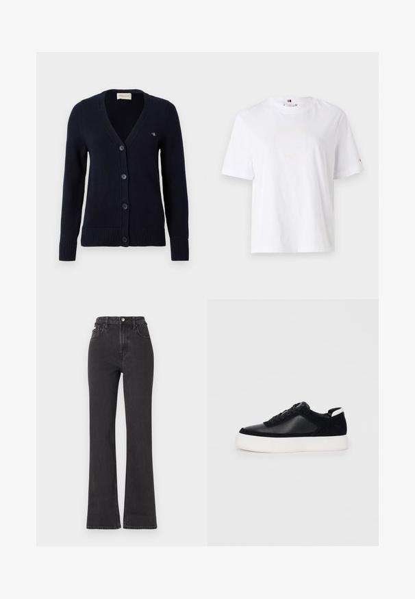 Tumed sinine kardigan V-kaelusega, viie nööbiga kinni, ribatud varruka- ja alumine serv, vasakul rinnal on väike logo. Valmistatud kudumaterjalist.; Valge puuvillane T-särk ümarate kaelaaukude, lühikeste varrukate ja peene kollase logoga, millel on tekst "HILFIGER NEW YORK 1985". Tavaline lõige.; Mustad kõrge vöökohaga laienevad teksapüksid, mis on valmistatud denimist, varustatud nööbiga kinnitamise, vöörihmade ja küljetaskutega. Sile tekstuur minimaalse pleekimisega.; Mustad mustad spordijalanõud siledast nahast ja sametist paneelidega, lame nööriga, ümar varvas ja valge kummist tallaga. Erakordne logo kontsas.