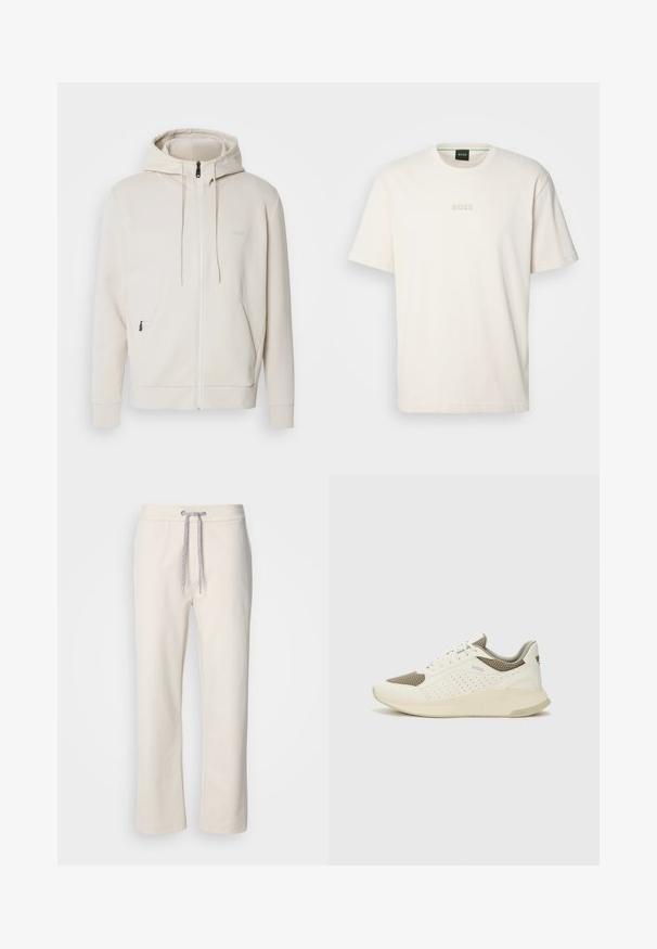 BOSS SAGGY - Sweater met rits - light beige; BOSS TEE - T-shirt basic - open white; Crème-kleurige casual broek met een gewatteerde taille en rechte pijpen, weergegeven tegen een effen witte achtergrond.; Witte en lichtbeige sport sneaker, met een bovenwerk van mesh, geperforeerde details en een gestructureerde tussenzool met branding op de hiel.