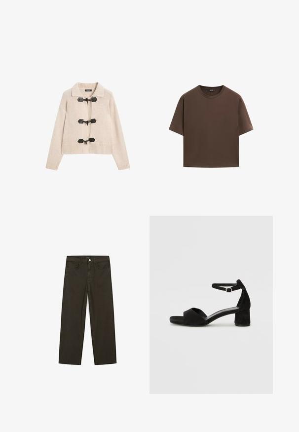 Beige strikket cardigan med krave, der har sorte toggles som lukning samt ribbede manchetter og forneden. Blød tekstur, cropped design.; Brun bomulds t-shirt, korte ærmer, rund halsudskæring, afslappet pasform, glat tekstur, minimalistisk design, ingen synlige mønstre eller accenter.; Mørkegrønne brede jeans lavet af en bomuldsblanding, med en frontlukning med knap, fem lommer og klassisk denim-syning.; Sorte ruskind hælede sandaler med en tynd ankelsnor, åben tå design og en beskeden blokhæl. Glat tekstur og minimale detaljer.