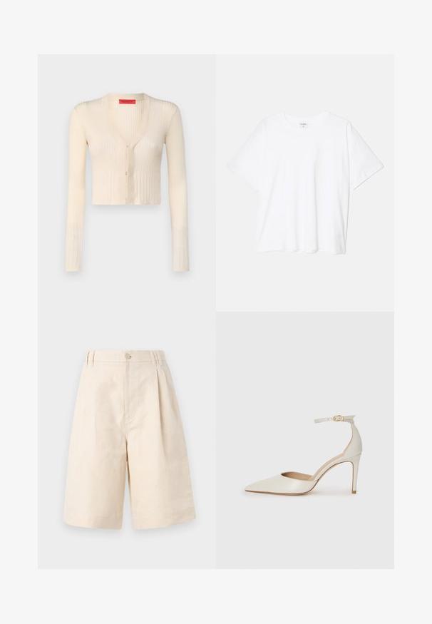 Kermanne ribbattu neulejakku pitkillä hihoilla, syvällä V-kaula-aukolla ja etupainonappeilla. Sisältää lyhytmallisen muotoilun ja sileän tekstuurin.; Valkoinen puuvillapaita lyhyillä hihoilla, pyöreällä pääntiellä, rentoa tyyliä ja ommeltu helma. Tunniste näkyvissä sisäkauluksessa.; Beige lakanashortsit rentossa istuvuudessa, joissa on nappikiinnitys, laskostettu muotoilu ja polvipituus. Suora tekstuuri ja yksinkertainen tyyli.; Valkoinen nahkainen korkokenkä, jossa on terävä kärkinen muoto, nilkkaremmi ja kapea korko. Suora pinta, jossa on hienovarainen kiiltävä viimeistely.