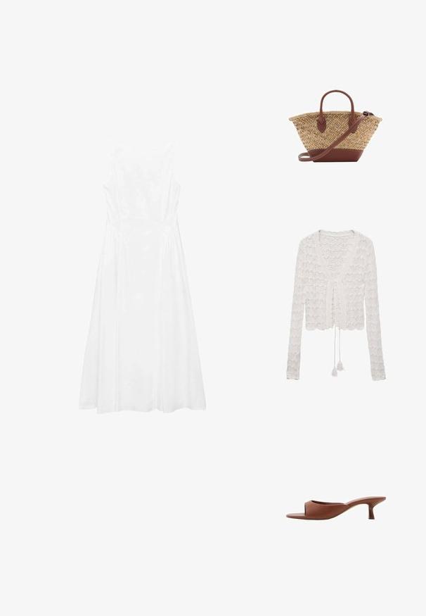 Cardigan bianco cropped realizzato in tessuto all'uncinetto, con scollo a V, maniche lunghe e chiusura con laccio e dettagli con pon-pon.; Abito bianco senza maniche con un design semplice, forma a trapezio, texture liscia e dettagli delle cuciture lungo i lati.; Mule con tacco aperto di colore marrone, con una finitura liscia e opaca, caratterizzate da un design curvo e un tacco trasparente e affusolato.; Borsa a tracolla in paglia intrecciata con dettagli in pelle marrone, due manici e una tracolla removibile. Forma curva con una base solida.