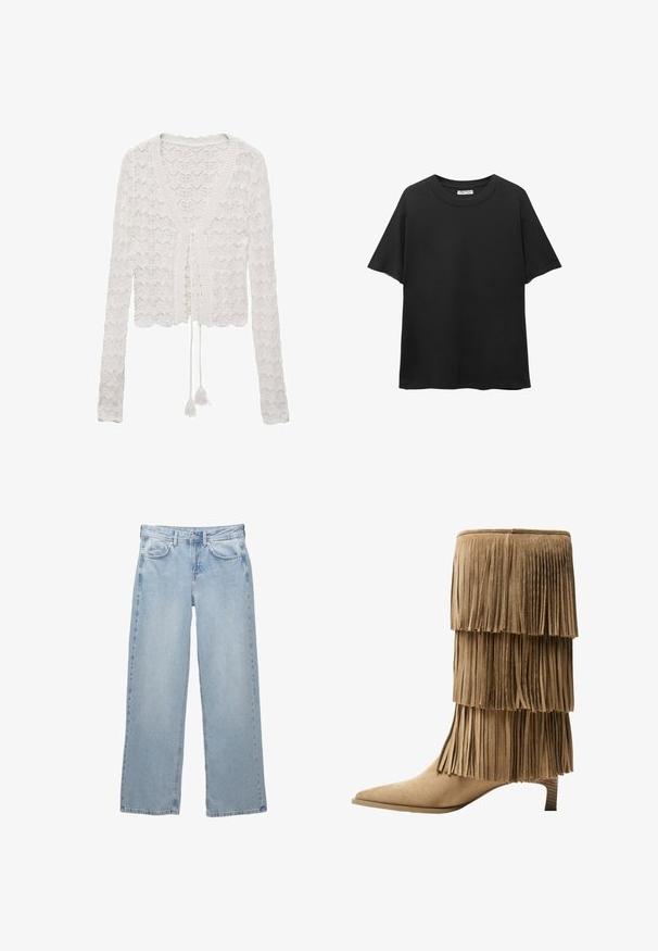 Hvid cropped cardigan lavet af et hæklede stof, med V-hals, lange ærmer og en båndlukning med frynser.; Sort T-shirt lavet af bomuld, med rund halsudskæring, korte ærmer og en afslappet pasform med en glat tekstur.; Lys blå denim jeans med bred bendesign, med en knap- og lynlåslukning, fem lommer og minimale syninger.; Fringe ankelstøvle i tan ruskind med tre lag af frynser. Spids tå og en lav blokhæl. Glat tekstur over det hele.