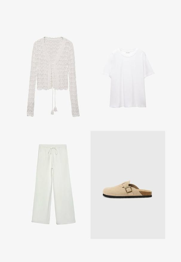 Valkoinen lyhyempi neuletakki, joka on valmistettu virkattuista kankaista. Siinä on V-pääntie, pitkät hihat ja nauhakiinnitys, jossa on tupsuakkseja.; Valkoinen t-paita, joka on valmistettu puuvillasta, pyöreällä pääntiellä, lyhyillä hihoilla ja rentona istuvuutena. Suora pinta ilman kuvioita tai koristeluita.; Valkoiset leveälahkeiset housut pehmeästä kankaasta. Varustettu joustavalla vyötäröllä ja nyörillä sekä sileällä pinnalla. Ei näkyviä kuvioita tai tarvikkeita.; Beige mokkasiner i semsket skinn med korksåle, rund tå og en enkel stropp med gulltone spenne. Gummisåle for godt grep.