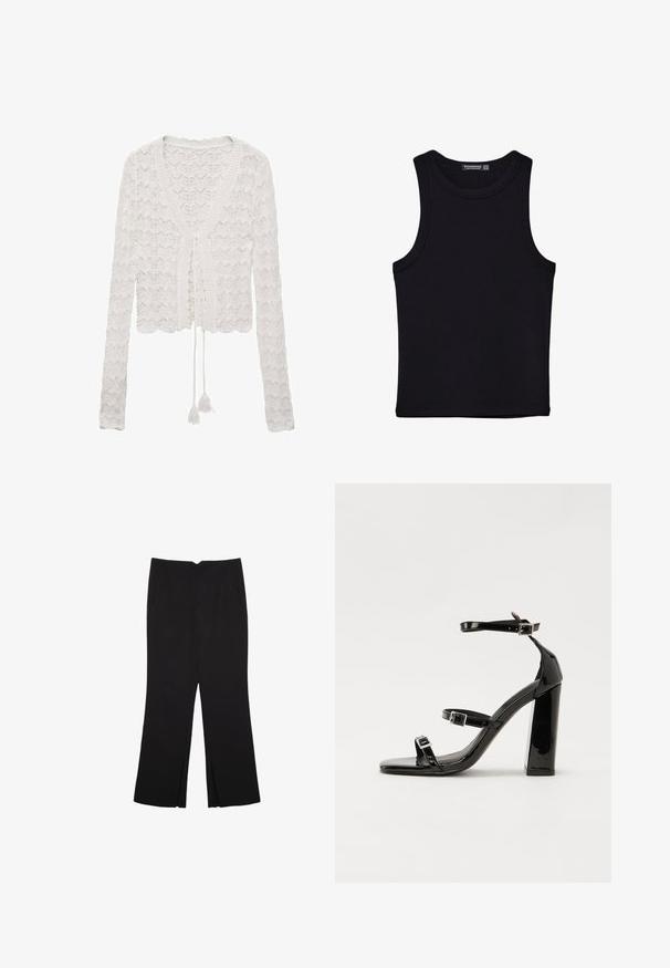 Biały krótki kardigan wykonany z dzianiny szydełkowej, z dekoltem w kształcie litery V, długimi rękawami oraz zapięciem na sznurek z frędzlami.; Czarny top na ramionczkach wykonany z bawełny, z okrągłym dekoltem i szerokimi wycięciami na ramionach. Gładka tekstura z przeszytymi brzegami. Klasyczny, minimalistyczny design.; Czarne spodnie o prostym kroju, z przednimi kieszeniami i bocznymi rozcięciami na dole. Wykonane z miękkiego, gładkiego materiału. Odpowiednie na różne okazje.; Czarne lakierowane sandały na obcasie z kwadratowym noskiem, z paskami wokół kostki i srebrnymi klamrami. Posiadają masywny słupek dla stabilności.