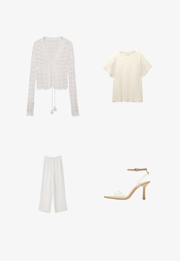 Valkoinen lyhyempi neuletakki, joka on valmistettu virkattuista kankaista. Siinä on V-pääntie, pitkät hihat ja nauhakiinnitys, jossa on tupsuakkseja.; Vaaleanbeige lyhythihainen t-paita, jossa on pyöreä kaula-aukko, valmistettu pehmeästä ja sileästä kankaasta. Ominaisuuksina rento mitta ja suora helma.; Valkoiset leveälahkeiset housut kevyestä kankaasta. Ominaisuuksiin kuuluu elastinen vyötärö, jossa on nauhakuuluma ja sivutaskut. Sileä rakenne.; Kirkas korkokenkä läpinäkyvällä varrella, beigellä pohjalla ja hoikalla nilkkahihnalla. Ominaisuuksiin kuuluu terävä kärki ja ohut korkea korko.