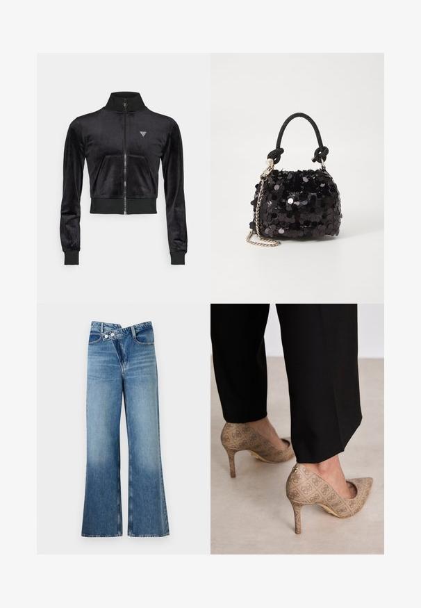 Juodas trumpas zip-up džemperis, pagamintas iš švelnios, lygios medžiagos, su elastingais rankogaliais, turi priekinį kišenę ir deimanto formos logotipo akcentą ant krūtinės.; Juoda trumpomis rankovėmis marškinėliai su dideliu blizgučiais išmargintu trikampio logotipu, kuriame yra "GUESS U.S.A." ir centrinis klausimo ženklas.; Šviesiai mėlynos džinsinės kelnes platėjančios apačios, aukštu liemeniu, su dviem saga ir priekinių kišenių detalėmis. Medžiaga turi išblukusį tekstūrą su subtiliais skirtumais.; Smėliniai aukštakulniai bateliai su tekstūruotu audiniu, kuriame yra pasikartojanti tekstūra. Išgaubtas pirštas, su užpakaline akcentu ir auksiniu kulno detaliu.; Juodas blizgučių mini rankinukas su mazguotu tekstūruotu dirželiu ir sidabro grandine. Suapvalinta forma su susiraukšlėtopu ir atspindinčiomis detalėmis.