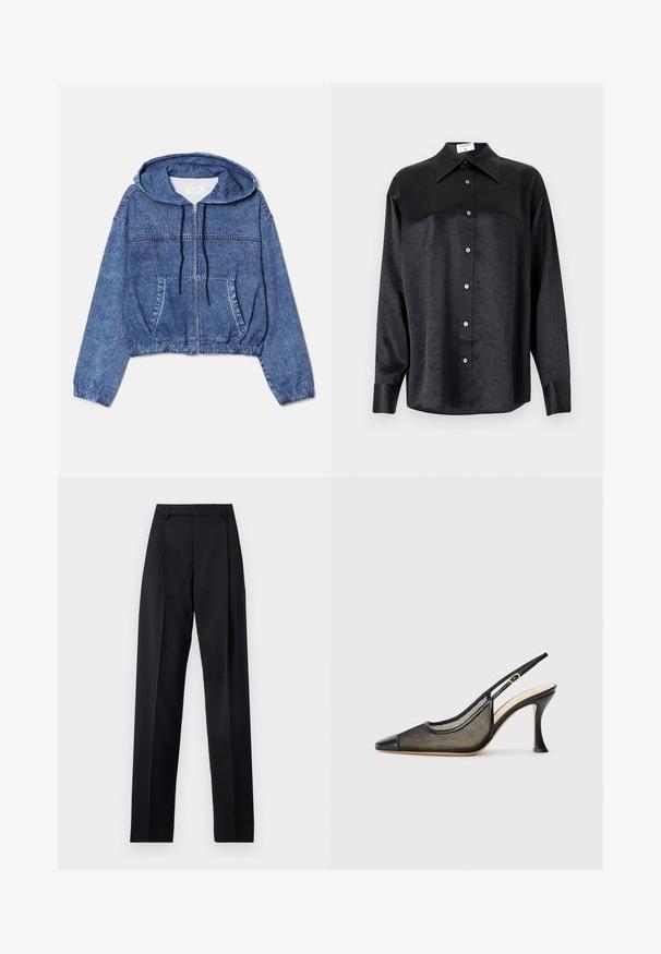 Kurt denimjakke, blå, med hætte, frontlynlås og snøre. Har to sidelommer og elastiske manchetter ved ærmerne.; Sort langærmet skjorte med krave, der har en krøllet tekstur, fuld knaplukning foran og manchetter. Lavet af et glat stof.; Sorte bukser lavet af glat stof, der har høj talje, brede ben, frontfolder og klassiske bælteløkker. Ingen synlige sidelommer.; Sort slingback højhælede sko med spids tå, mesh-detaljer og en glat læderhætte. Farverne inkluderer sort og beige accenter.