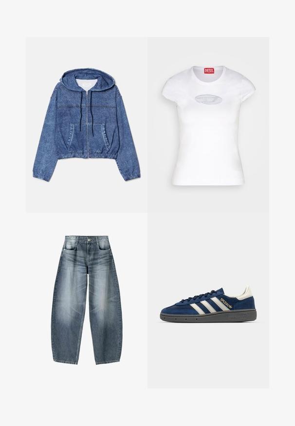 Jachetă din denim, tăiată, de culoare albastră, cu glugă, fermoar frontal și șnururi. Are două buzunare laterale și manșete elastice la mâneci.; Tricou alb, ajustat, din bumbac, cu guler rotund și mâneci scurte, având un logo brodat de culoare albastru deschis pe față.; Blugi evazați din denim albastru deschis cu estompare, având un design cu cinci buzunare, închidere cu nasturi și detalii de coasere minime.; Tenisi din suede bleumarin cu dungi albe, detaliu auriu "Spezial", talpă texturată gri, vârf rotund și șireturi asortate. Design clasic.
