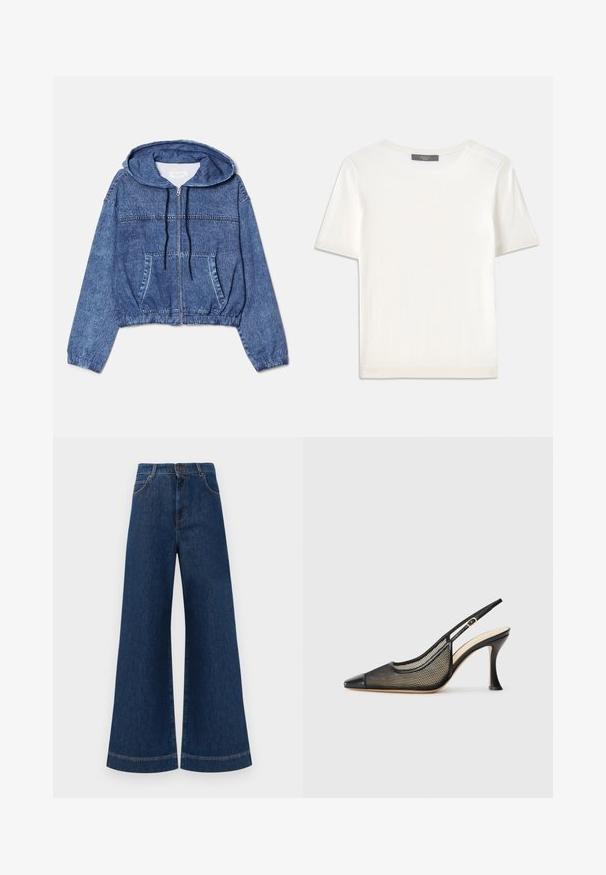 Kurze Denim-Jacke, blau, mit Kapuze, Frontreißverschluss und Kordelzügen. Verfügt über zwei Seitentaschen und elastische Bündchen an den Ärmeln.; Weißes kurzärmliges Strickoberteil mit rundem Halsausschnitt, das eine glatte Textur und subtile Rippakzente an den Ärmeln und dem Saum aufweist.; Weite blaue Jeans aus Denim mit hoher Taille, ausgestattet mit einem Knopfverschluss, Gürtelschlaufen und dezenten Stichdetails an den Taschen und Säumen.; Schwarze Slingback-Pumps mit hohem Absatz, spitzer Zehenform, Netzdetails und einer glatten Lederkappe. Die Farben umfassen Schwarz und beige Akzente.