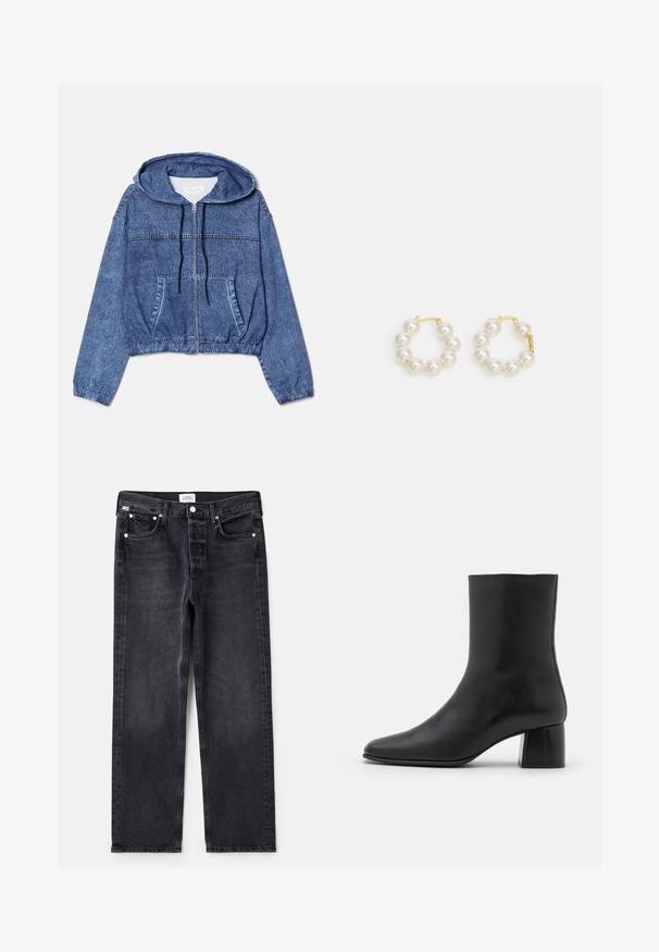 Jachetă din denim, tăiată, de culoare albastră, cu glugă, fermoar frontal și șnururi. Are două buzunare laterale și manșete elastice la mâneci.; Tricou cu dungi în crem și albastru închis, cu mâneci scurte, textură ribbed, decolteu rotund și un detaliu mic cu logo albastru aproape de tiv.; Blugi negri din denim cu o croială dreaptă, cinci buzunare, accesorii din metal argintiu și o textură ușor decolorată. Design clasic cu detalii minime.; Botine negre din piele, cu vârf ascuțit și toc pătrat masiv. Textură netedă, cu un design fără cusături și cusături minimaliste.; Cercei rotunzi din perle, cu un sistem de închidere din metal de culoare aurie. Designul include mai multe perle albe netede dispuse într-o formă circulară.