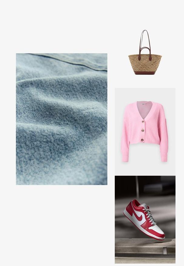 Cardigan scurt tricotat roz, cu decolteu în V, trei nasturi mari și mansete și tiv ribbed. Material texturat cu o croială largă.; Țesătură din denim albastru deschis cu o textură subtilă și un model de țesătură vizibil, arătând ușoare variații de culoare și finețe.; Adidași Nike roșii și albi plutind deasupra unei bănci din piatră într-un mediu interior iluminat suav.; Geantă din iarbă împletită, cu textură împletită, mânere și bază din piele maro închis, formă circulară largă și design cu vârf deschis.