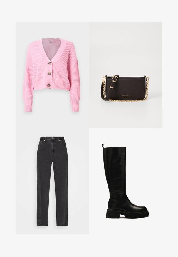 Roosa kootud lühikeste käistega kardigan, millel on V-kaelus, kolm suurt nuppu ning ribakujulised mansetid ja äär. Tekstureeritud kangas, mis on vaba lõikega.; Valge nööbiga särk pika varrukaga, struktureeritud krae ja ümar hem. Valmistatud sujuvast, ühtlasest kangast, ilma nähtavate mustrite või aktsentideta.; Sirged mustad teksapüksid kõrge vöökohaga, esi-nupp ja tõmblukk, viie taskuga stiil valgel taustal.; Mustad mustekadumisega nahast põlvekotisööbikud, millel on stiilne disain, ümar varvas ja paks kummitald, millel on sügavad sooned ja ülaservas tõmblukk.; MICHAEL Michael Kors BRYANT SM XBODY POUCHETTE - Ülerinna-kott - chocolate