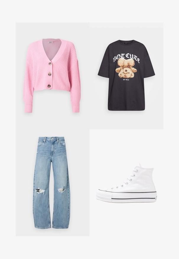 Roza pletena kratka jopica z V-izrezom, tremi velikimi gumbi ter rebrastimi manšeta in robom. Teksturiran material z ohlapnim krojem.; Črna oversized majica s kratkimi rokavi, na kateri je grafika medveda z besedilom „NI SRČKAN VKLJUČNO Z DIVJIM“ v poudarjenem belem tisku. Material: bombaž.; Svijetloplave traperice visoki struk. Imaju široke nogavice, dva poderana područja na koljenima i klasičan petotoksi stil.; Beli visoki platneni športni čevelj z črnim gumijastim podplatom, sprednjim gumijastim zaščitnikom za prste in šestimi luknjicami za vezalke, ki se ponaša s preprostim, minimalističnim dizajnom.
