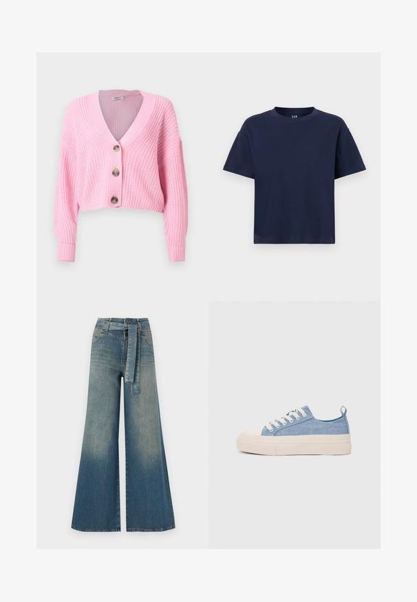 Rosa strikket kort cardigan med V-hals, tre store knapper og ribbestrikkede mansjetter og hem. Teksturert stoff med løs passform.; Marineblå bomull T-skjorte med rund hals og korte ermer, med en avslappet passform og minimalistisk design. Ingen mønstre eller detaljer.; Bredde ben jeans med en lyseblå til mørkeblå gradient, høyt liv, beltehemper og et matchende belte i samme stoff. Teksturert denimoverflate.; Lys blå canvastøfler med en kremfarget gummitupp og yttersåle, med hvite snørebånd og en løfteløkke på hælen.