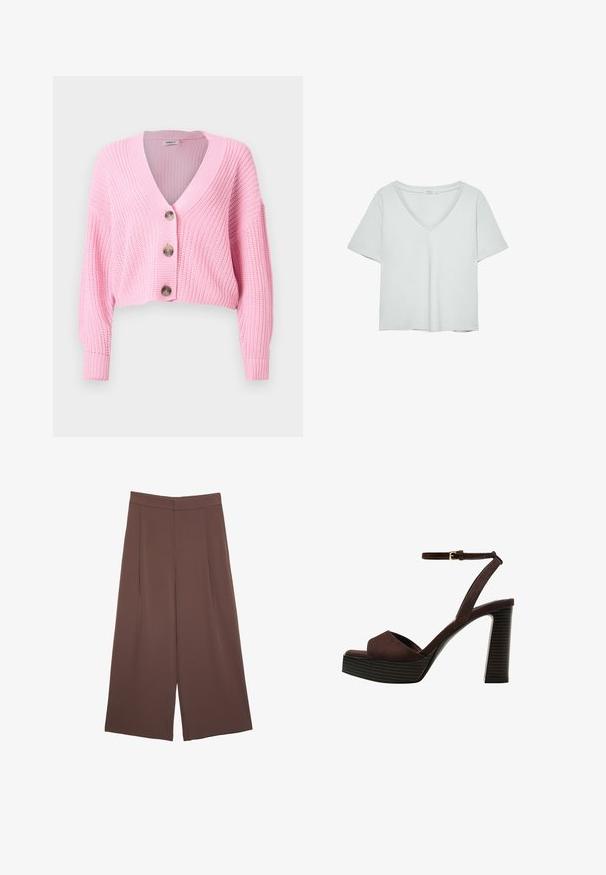 Ružová pletená krátka kardigan s výstrihom do V, tromi veľkými gombíkmi a ribbúrami na manžetách a dolnom okraji. Textúrovaná látka s voľným strihom.; Svetlošedé tričko s krátkymi rukávmi a výstrihom do V, vyrobené z mäkkého materiálu; má uvoľnený strih a čisté stehy bez vzorov.; Hnedé nohavice so širokými nohavicami a hladkou textúrou, s vysokým pásom a prednými skladmi. Tkanina je ľahká a voľne sa pohybuje.; Hnedé semišové sandále na vysokom podpätku s otvorenou špičkou, nastaviteľným členkovým remienkom a pruhovanou platformovou podrážkou.