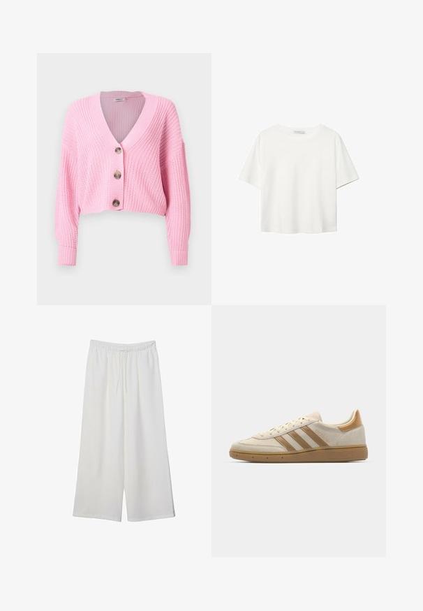 Vaaleanpunainen neulottu lyhythihainen neuletakki, jossa on V-pääntie, kolme suurta nappia sekä ribattu hihansuu ja helma. Teksturoitu kangas, jossa on rento istuvuus.; Valkoinen lyhythihainen T-paita, joka on tehty puuvillasta. Siinä on pyöreä kaula-aukko ja rento malli. Silkkinen pinta ilman näkyviä kuvioita tai koristeita.; Valkoiset leveälahkeiset housut, jotka on valmistettu kevyestä kankaasta. Niissä on joustava vyötärö ja nauha säädettävää istuvuutta varten. Sileä pinta.; Beige mokkanen kengät, joissa on vaaleanruskeita yksityiskohtia. Varustettu kolmella ruskealla raidalla, tekstuurilla varustetulla kumipohjalla ja pyöristetyllä kärjellä.